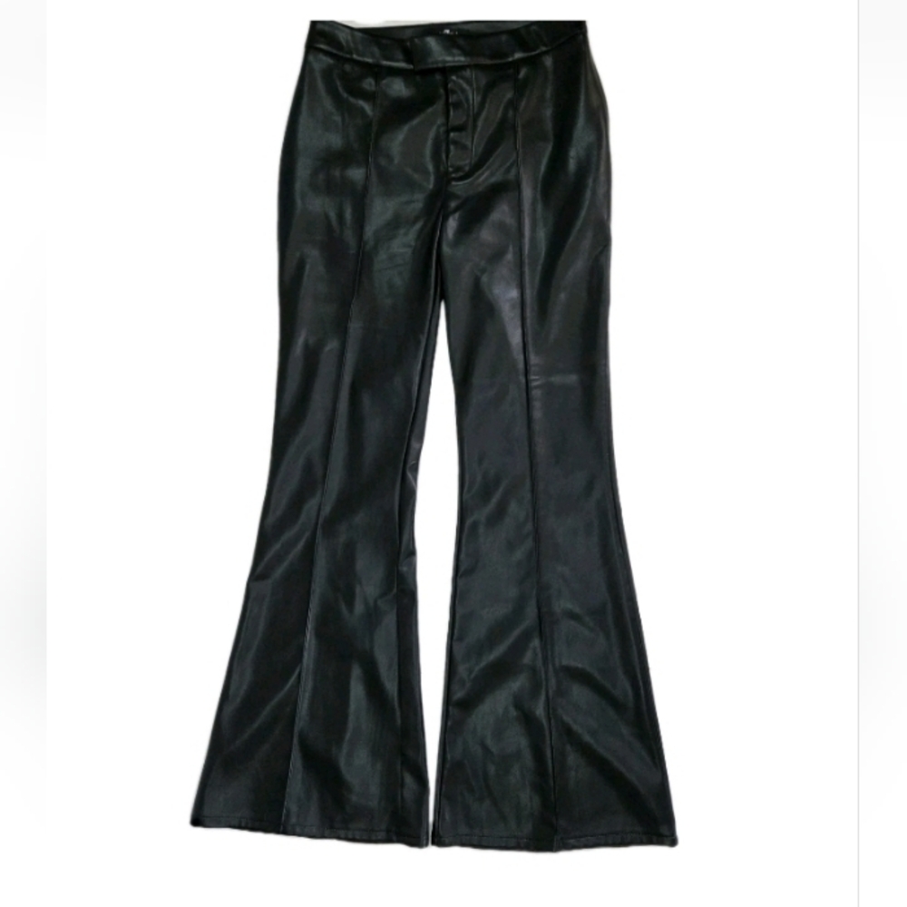 7 For All Mankind Faux Leather Flare Pants Size M Black Pintuck Seams Edgy Glam